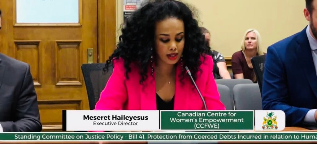 Meseret Haileyesus giving evidence to the Standing Committee on Justice Policy on Bill 41